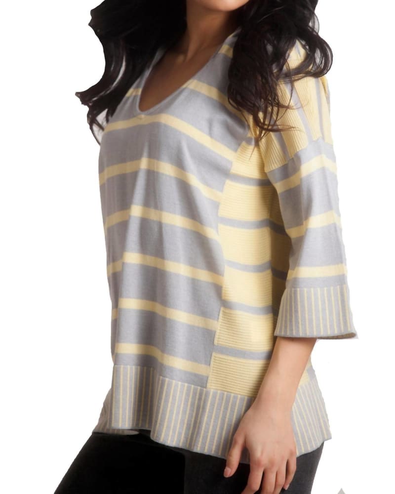 Front of a model wearing a size 1X Nautical Oversized 3/4 Sleeve Hoodie in Yellow/Gray in Yellow/Gray by ANGEL. | dia_product_style_image_id:327612